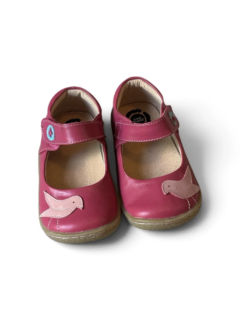 Livie & Luca Girls' Raspberry Pink Mary Janes with Bird Appliqués
